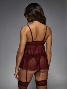 MISSGUIDED Elegant Lace Babydoll Lingerie Set With Garter Belt And Panty Wedding Night Valentine Special Occasion Sleepwear Collection - Burgundy - View 6