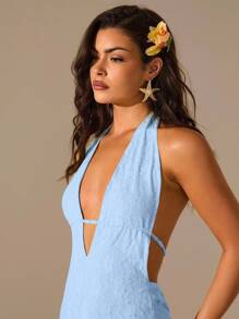 Glamine 浪漫白色蕾丝边交叉后背系带无袖女士连衣裙 - 藍色 - 查看 7