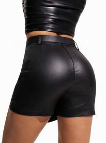 SHEIN ICON Women's Black Coated Elastic Waist Elegant Mid-Rise Pencil Skort With Belt - Black - View 2