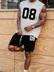 Manfinity Homme Set de topuri scurte, casual, regulate, fără mâneci, cu imprimeu cu numere mari - Alb-negru - Vizualizare 1
