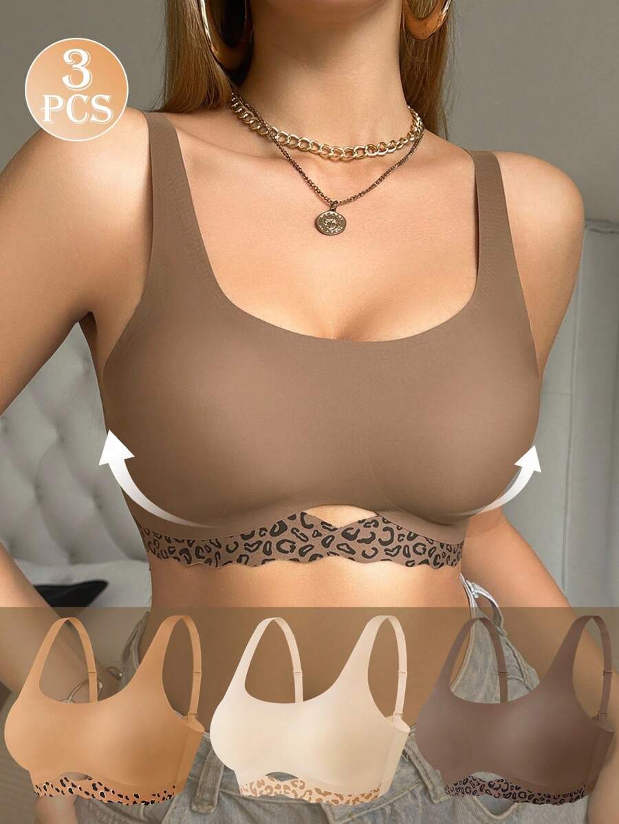 SHEIN 3-Pack Women's Seamless Leopard Print Wavy Edge Wireless Lace Bras, Sexy Push Up Bras With Wide Straps - Multicolor - View 1