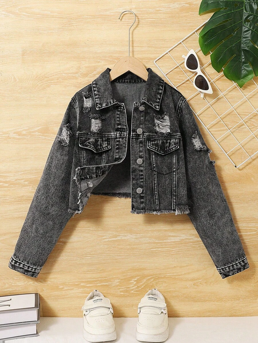 SHEIN Tween Girls Spring Summer Beach Boho Vacation White Washed Ripped Denim Jeans Jacket Top,Girls Summer Concert Rave Festival Streetwear Outfits Girls Jean Jacket Cropped Jean Jacket Girls Distressed Denim Jacket Fall Winter - Black - View 1