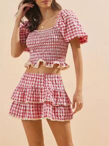 WESTFADE Western Summer Floral & Eyelet Embroidery Gingham Drop Waist Ruffle Tiered Mini Skirt Spring Break Beach Vacation - Red - View 6