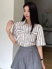 DAZY Women's Casual Loose Striped Shirt, Summer Preppy Tops - Beige - View 7