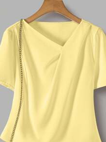 SHEIN LUNE 2pcs/Set Women Spring Casual V-Neck White Shirt And Khaki Pants - Yellow - View 4