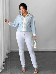 Elenzga 大码女式纯色拼布双襟休闲优雅办公室衬衫，春秋季