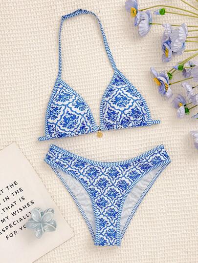 SHEIN Teen Girls Retro Botanical Floral Golden Pendant Blue & White Random Floral Spaghetti Strap Bikini Set Apricot Knitted Texture Shell Decor Halter Neck Stitch Halter Triangle Bikini Set, Summer Beach Outfit Whip Halter Neck Bikini Set, Summer Beach Bathing Suit