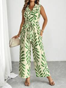 Flirla Women Plus Size Casual Floral Print Sleeveless Jumpsuit, Summer