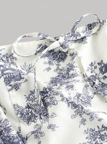 SHEIN MOD 蓝白花卉泡泡袖系腰开衩下摆中长连衣裙、度假、派对、茶会礼服、复古连衣裙、茶会礼服、外出礼服、女士舞会礼服、褶饰连衣裙 - 藍白色 - 查看 3