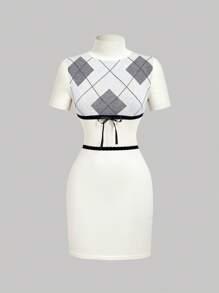 SHEIN MOD 女士菱形图案立领短袖紧身针织连衣裙 - 彩色 - 查看 1