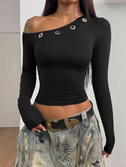 StreetHx Damska koszulka z długim rękawem i ozdobnymi oczkami, wczesna jesień