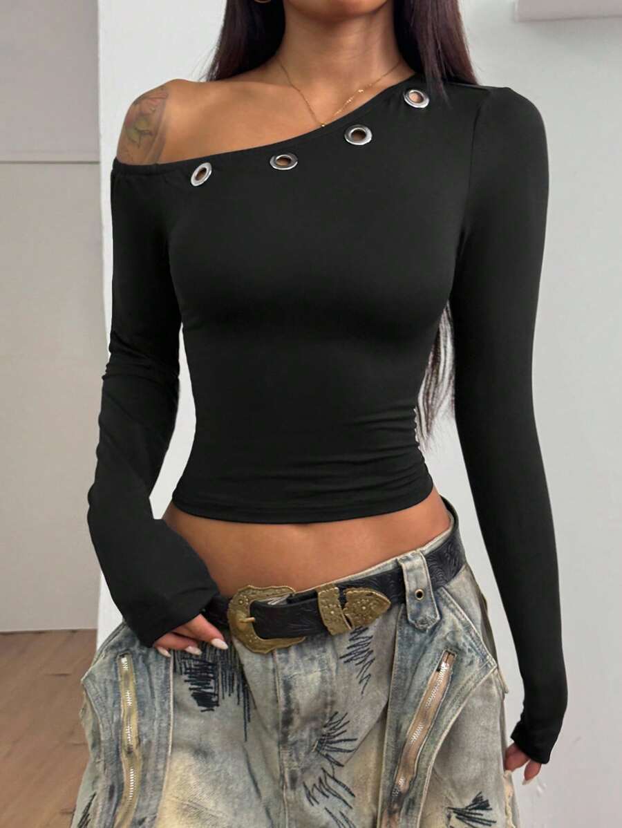 StreetHx Camiseta de manga larga ajustada con decoración de ojales, para principios de otoño