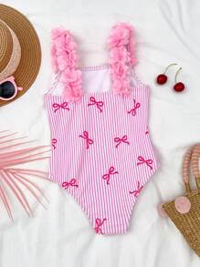 SHEIN Young Girl Knitted Striped Bowknot Design 3D Floral One-Piece Swimsuit Girls Pink Bow Swimsuit Girls Striped Swimsuit One Piece Swimsuit Girls Pink One Piece Swimsuit Girls Swimwear