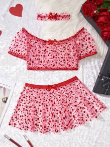 SHEIN 3pcs Women Sexy Mesh Heart Bow Shoulder Top And Bubble Skirt Lingerie Set
