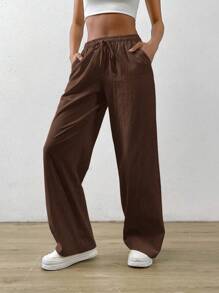 SHEIN PETITE CURVE Plus Size Women Plain Belted Pockets Straight Leg Casual Pants Women Wide Leg Pants Brown Pants For Women Women Linen Pants Loose Pants For Women Women Casual Pants - Chocolate Brown - View 8