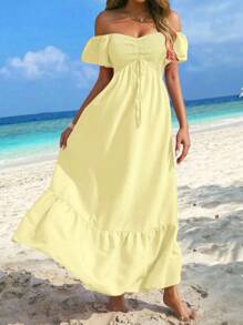 Breezaya Vestido largo de vacaciones con volantes hombros descubiertos de unicolor para vestir en la playa - Amarillo - Ver 6