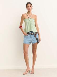 Nöista This Light Green Camisole Top Features Thin Straps Connected By A Knot At The Front Center, Creating A Soft Drape And Relaxed Fit. Its Pastel Shade And Gentle Silhouette Make It Ideal For Summer Outfits, Cute Summer Tops, Plus Size Summer Clothes, And Versatile Women's Summer Clothes. - Green - View 5