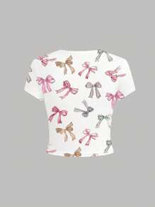 Sparklyn Girls Cute Butterfly Print Asymmetrical Hem Short Crop Top, Suitable For Summer Summer Holiday - White - View 2