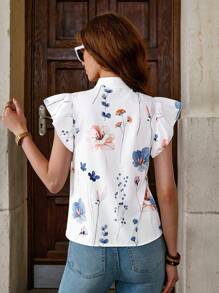 Solivie Women's Fitted Shirt With Romantic Blue & White Floral Print, Tie Neck Bow And Ruffle Short Sleeves, Spring/Summer Casual Tops Women Bow Summer Outfits For Women Spring Outfits For Women - Blue and White - View 3