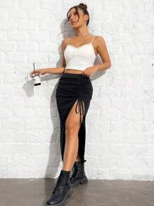 SHEIN EZwear Women's Black Knitted Drawstring High-Slit Bodycon Skirt - Black - View 4