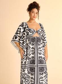 CAJUNI Plus Size Women Boho Retro Black Print Hollow-Out Loose Long Sleeve Maxi Dress, Vacation Style - Multicolor - View 2