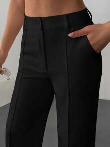 SHEIN Pantalones de pierna ancha con talle alto y diseño entallado, con detalle de costura frontal, diseño acampanado hasta el suelo, colección minimalista moderna, estilo profesional elegante, con pinza central planchada, pantalones para ocasiones formales