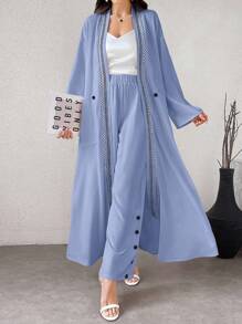 Al Najma 2pcs Women's Elegant Ribbon Patchwork Long Jacket And Pants Set, Spring Autumn, Work/Elegant/Casual/Modest Style, Abaya Set 2 Pieces Set Fall Cloth For Women - Baby Blue - View 3