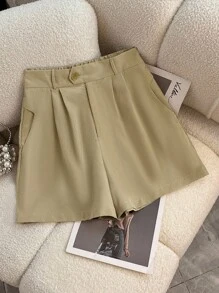 SHEIN Quần short xếp ly đơn sắc thoải mái đa năng cho nữ - Màu Khaki - Xem 1