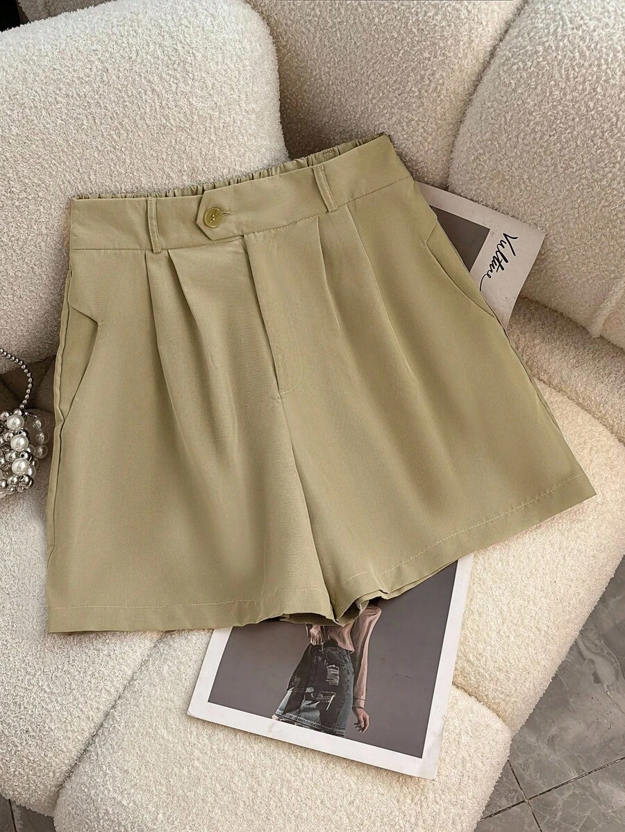 SHEIN Quần short xếp ly đơn sắc thoải mái đa năng cho nữ - Màu Khaki - Xem 1