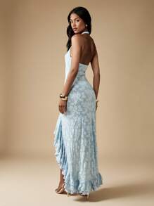 MISSGUIDED High Low Ruffle Maxi Dress With Keyhole Detail Halter Neck Evening Gown Summer Wedding Guest Party Gown Floral Jacquard Formal - Baby Blue - View 2