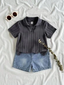 Vintaside Kids 男婴休闲领短袖上衣和时尚水洗牛仔短裤套装，百搭夏季服装，适合日常穿着、家庭露营、外出就餐或购物 - 灰色 - 查看 6