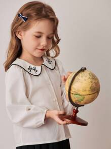 PrepCrw 少女校园风领蝴蝶结印花长袖衬衫 - 黑與白 - 查看 5