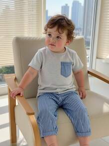 SHEIN 2pcs/Set Baby Boys Spring/Summer Outfit, Fresh & Energetic Combination, Pure White Round Neck Short Sleeve Top Paired With Blue & White Striped Denim Pants, Simple Style With Fashionable Details, Comfortable Fit, Suitable For Outings, Casual Wear, Gatherings And More - Grey - View 1