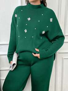 SHEIN Cottnline Women's Pearl Beaded Knit Sweater 2pcs/Set - Green - View 3