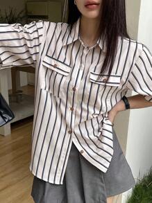 DAZY Women's Casual Loose Striped Shirt, Summer Preppy Tops - Beige - View 1