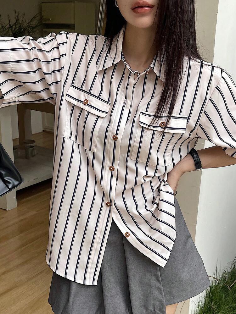 Women's Casual Loose Striped Shirt, Summer Preppy Tops
