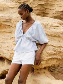 Lumivelle GuavaGirl SummerHoliday Fall Women Clothes Back To School Baby Blue Top Women V Neck Top Baby Blue Blouse