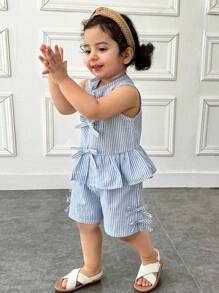 SHEIN Setelan Atasan dan Celana Pendek Tanpa Lengan Kerah Bulat Minimalis Kasual untuk Anak Perempuan - Biru - View 5