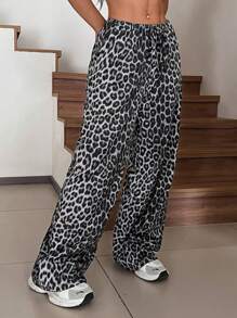 SHEIN EZwear Plus Size Women Casual Full Length Leopard Print Straight Leg Pants