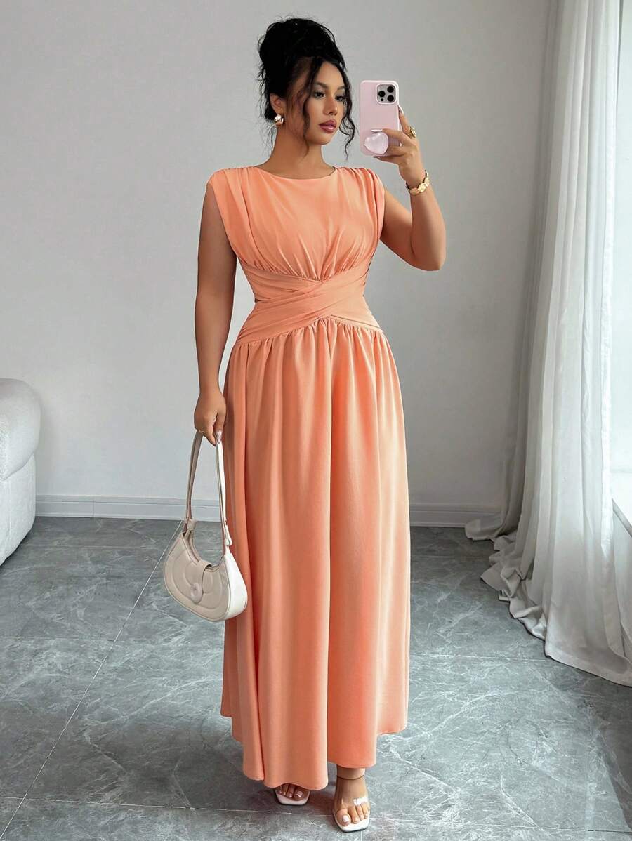 Elenzga Vestido midi sin mangas talla grande para mujer, elegante y minimalista de estilo chic de alta gama para la oficina, el tránsito, la playa, las vacaciones, los festivales de música, de unicolor con cinturón vintage, cintura calada, plisado en capas con silueta evasé