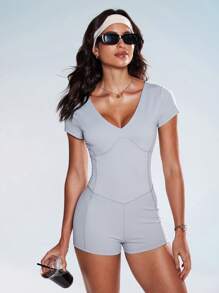 Eassivo Women's Fitted Cropped Jumpsuit With V-Neck, Short Sleeves And Waist Drawstring, Casual Athletic Yoga Wear