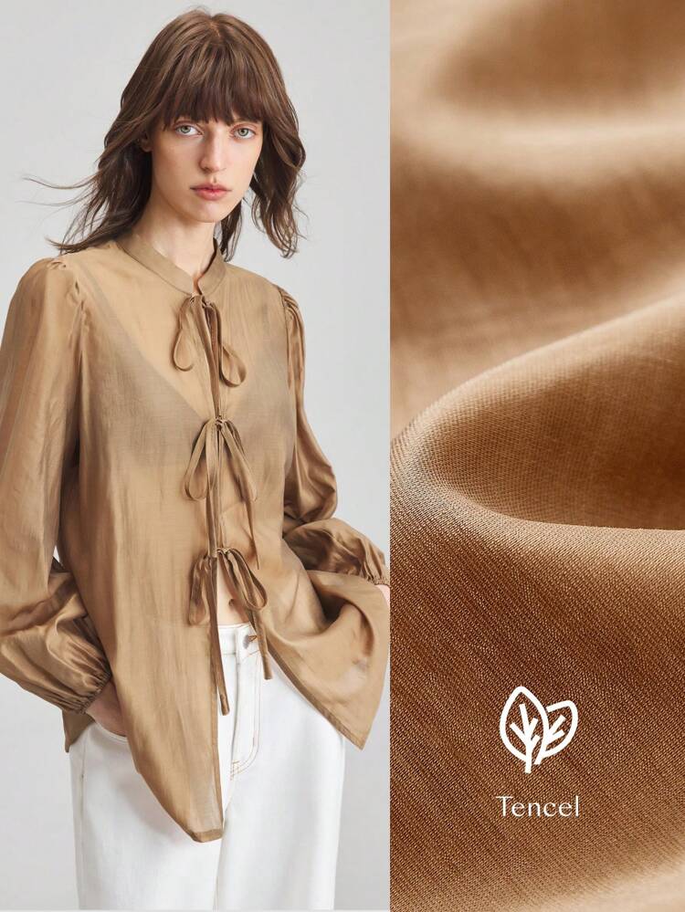 2025 Women's Casual Tie Up Blouse,Camel,Autumn,Elegant,Dinner Date,Solid Color Long Sleeve Shirt For Vacation,Beach,Birthday Party & Holiday Events