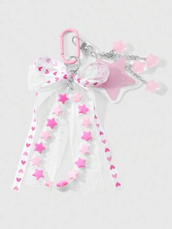 Kawaii 1pc Fashionable, High Quality, Sweet, Versatile Pink Acrylic Glitter Star, Crystal Heart, Ribbon, Net Lace Bow Design Keychain, Phone Charm, Bag Decoration Suitable For Women, Girls, Daily Use And Holiday Gifts
