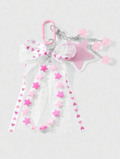 Kawaii 1 pieza Llavero, accesorio para teléfono, decoración de bolso con diseño de lazo de encaje de red, corazón de , estrella de acrílico brillante rosa, de alta calidad y versátil, adecuado para mujeres, niñas, uso diario y regalos festivos
