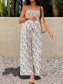 SHEIN Pregnant Women Tie-Dye Print Jumpsuit, Wide Leg Strap Design, Summer Vacation,Vacation Outfits Woman ,Vacay Outfits Women - Khaki - View 3