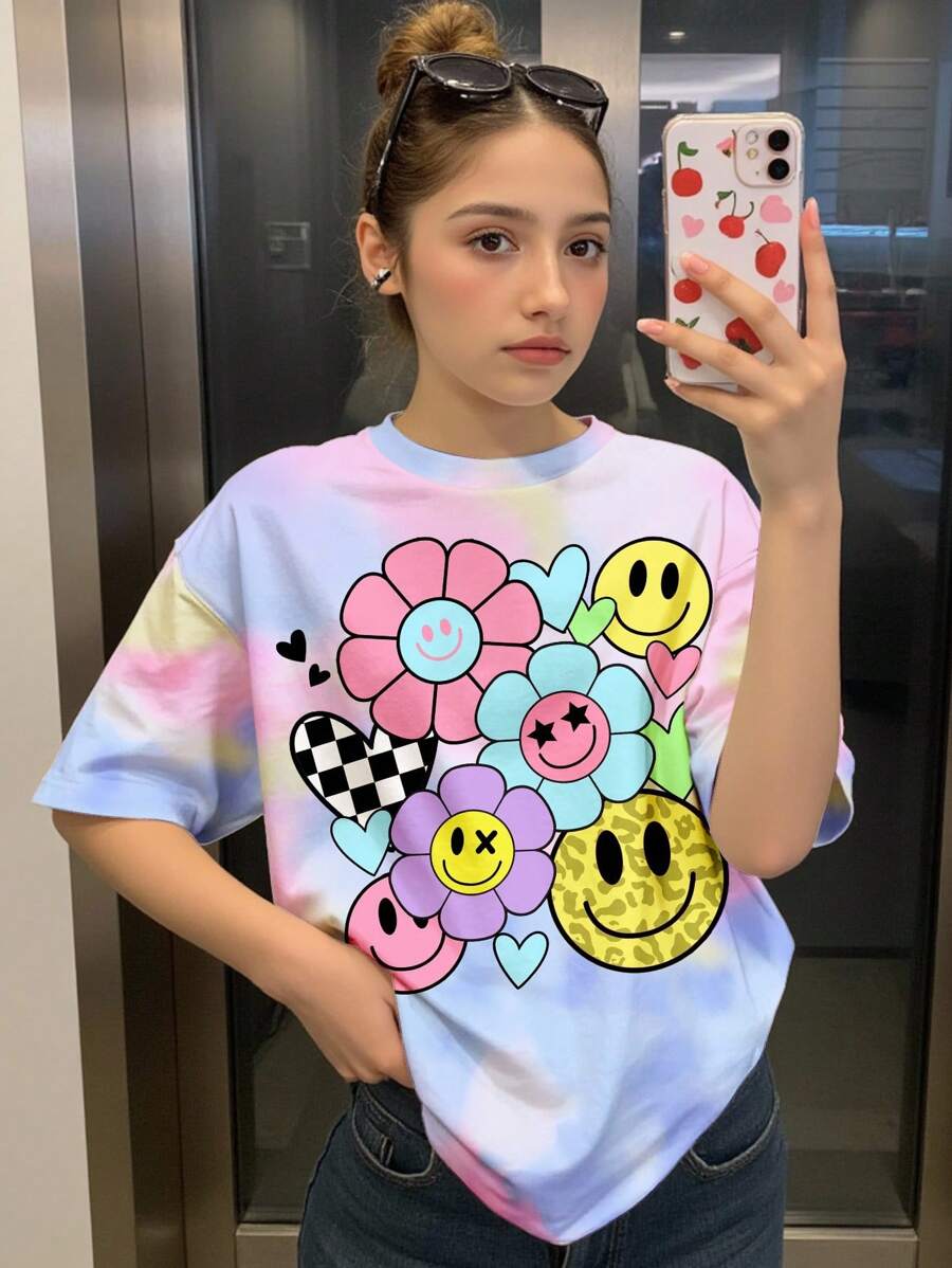 SHEIN 扎染花卉、心形、豹纹印花宽松针织超大 T 恤,适合少女穿着,休闲简约,适合夏季 - 彩色 - 查看 1
