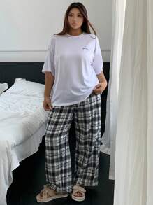 Dazy Petite Plus 纯色字母印花睡衣套装，配格子睡裤，绿色，四季皆宜 - 白色 - 查看 5