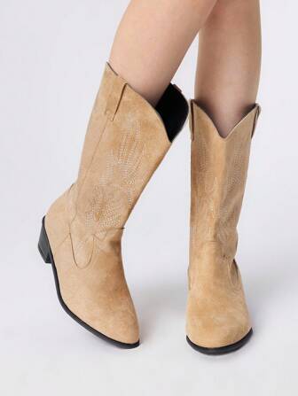 Kawaii Women's Embroidered Mid-Calf Cowboy Boots, Pink Western Style