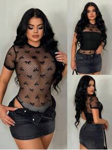SHEIN SXY Bộ đồ liền thân tay ngắn bằng lưới jacquard chấm bi nơ mỏng gợi cảm cho nữ mùa hè - màu đen - Xem 6