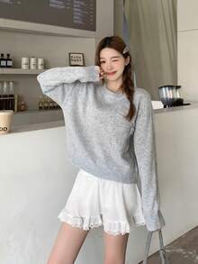 SHEIN Teen Girls Floral Pattern Solid Color Crew Neck Sweater, 3D Flower Decor, Suitable For Winter, Halloween Fall - Light Grey - View 4